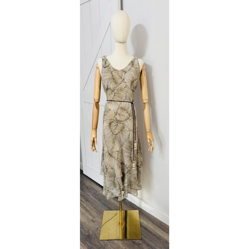 Jacques Vert Size UK 12 US 8 V Neck Tiered Belted Dress Cream Brown Leaf Print